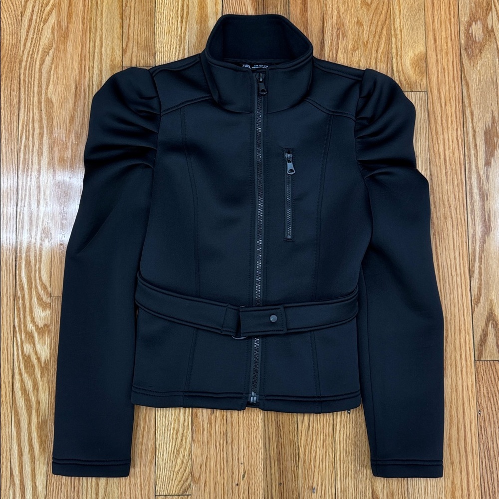Zara Black Neoprene Puff Sleeve Women's Belted Jacket